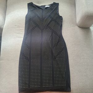 Calvin Klein Black Gold Studded Fitted Sleeveless Knee Length Dress Size 12